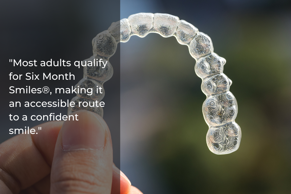 A hand holds a clear dental aligner beside the text, "Most adults qualify for Six Month Smiles®, making it an accessible route to a confident smile. Will it work for me?" displayed on the image.