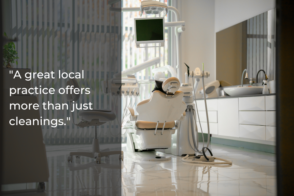 A modern dental office in Cedar Park features a dental chair, advanced equipment, and a quote overlay about how choosing a local dentist offers more than just cleanings.