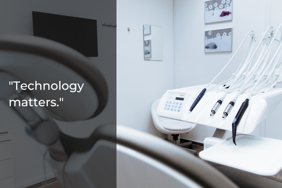 Modern dental office with clean white equipment and chairs, overlaid with the text "Choose technology. Choose Cedar Park Dentist." on a translucent gray background.