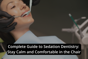 Patient receiving dental treatment with a sedation device in a comfortable dental chair; text overlay reads, "Complete Guide to Sedation Dentistry: Stay Calm and Comfortable in the Chair.