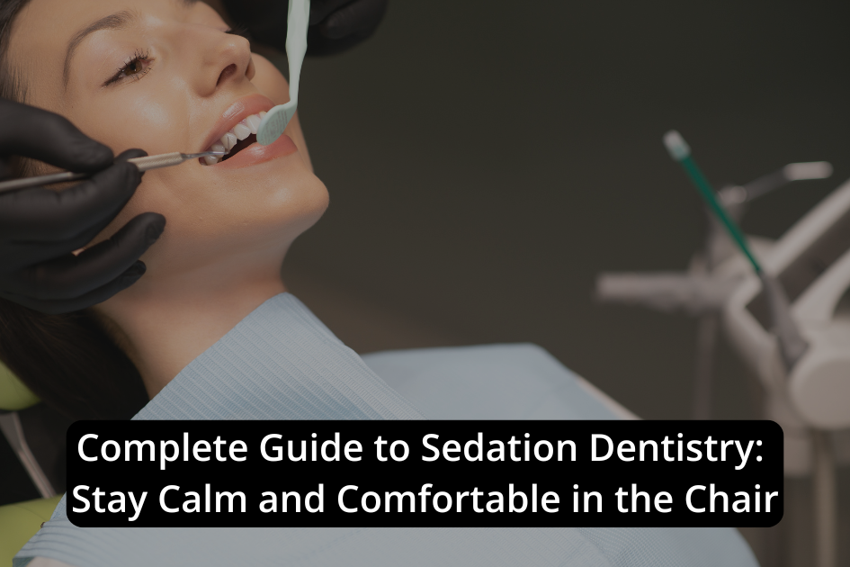 Patient receiving dental treatment with a sedation device in a comfortable dental chair; text overlay reads, "Complete Guide to Sedation Dentistry: Stay Calm and Comfortable in the Chair.