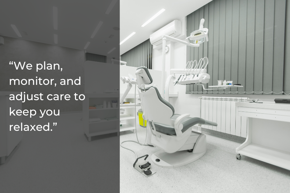 Modern dental office with a comfortable dentist chair, dental tools, and equipment; a quote about patient care is displayed on a gray overlay.